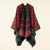 2022 autumn winter new geometric stripe pattern imitation cashmere warm casual women shawl poncho capes lady coat wine red