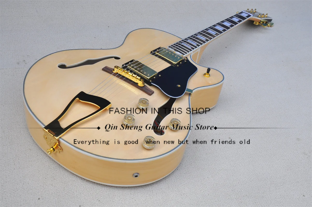 

6-струнная электрическая гитара, полуполая гитара L5, черные звукосниматели с золотым мостом