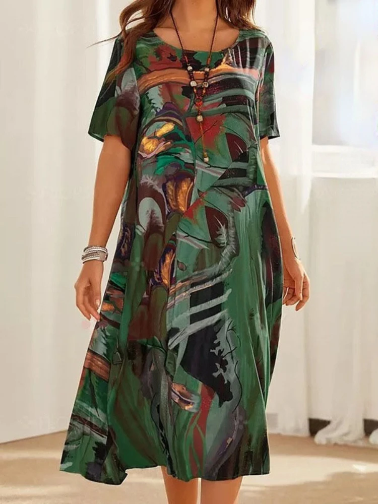 

S-5XL Bohemian Women Short Sleeve Dress Summer O-Neck Mid Waist Full Art Print Mid-calf Length Dress Female Loose Casual Clothes