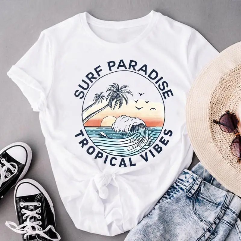 

Women Clothes Fashion Wave Beach Holiday Cute Lady Short Sleeve Print Tops Tees Female O-neck Summer Tshirt Graphic T-Shirt