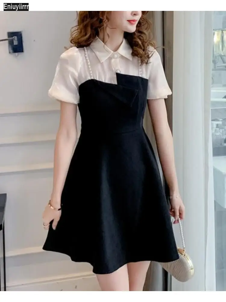 

2022 Party Little Black Mini Dresses Hot Sales Women Summer Short Sleeve Patchwork Two 2-Pieces Beaded Shirt Dress