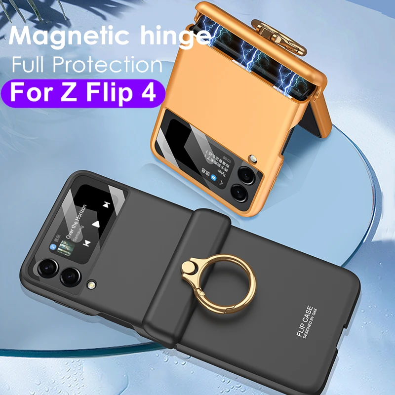 

Магнитный шарнирный кольцевой чехол для Samsung Galaxy Flip4 5G, матовый жесткий пластиковый чехол для Samsung Z Flip 4 со стеклом для объектива