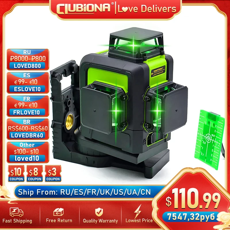 

CLUBIONA German Diodes 3D 12 Lines Green Beam Laser Level 3x360° Horizontal & Vertical Cross Lines Construction Measure Tool