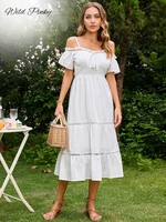 wildpinky sexy cotton white cold shoulder dress summer women holiday vacation beach sundress elegant ruffle lace up long dress