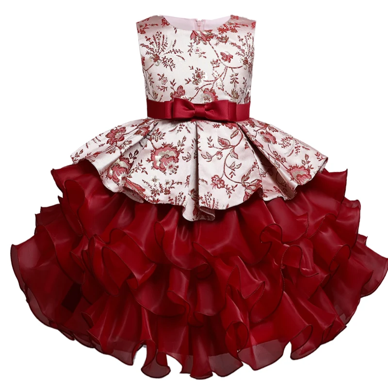 

Vintage Flower Bow Kids Dress For Girl Children Clothes Party Wedding Bridesmaid Princess Dresses Lace Cake Evening Gown Costume