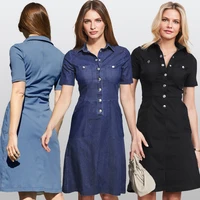 womens denim slim dress with pockets short sleeve knee length button down casual a line midi dresses