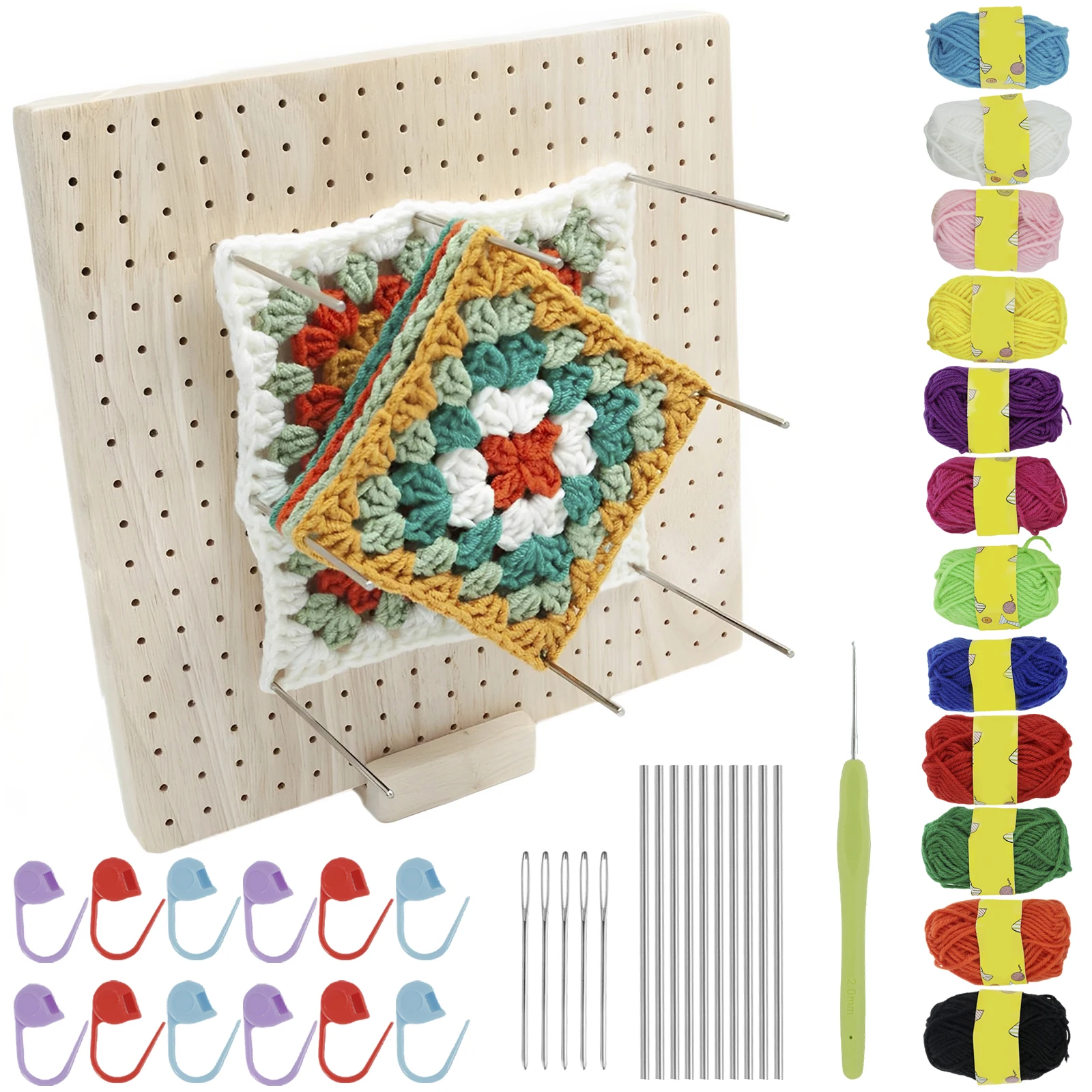 

New 9.25inch Crochet Blocking Board with 20 Pins Bamboo Wooden Blocking Board with 12 Colored Yarn and Stitch Marker Reusable