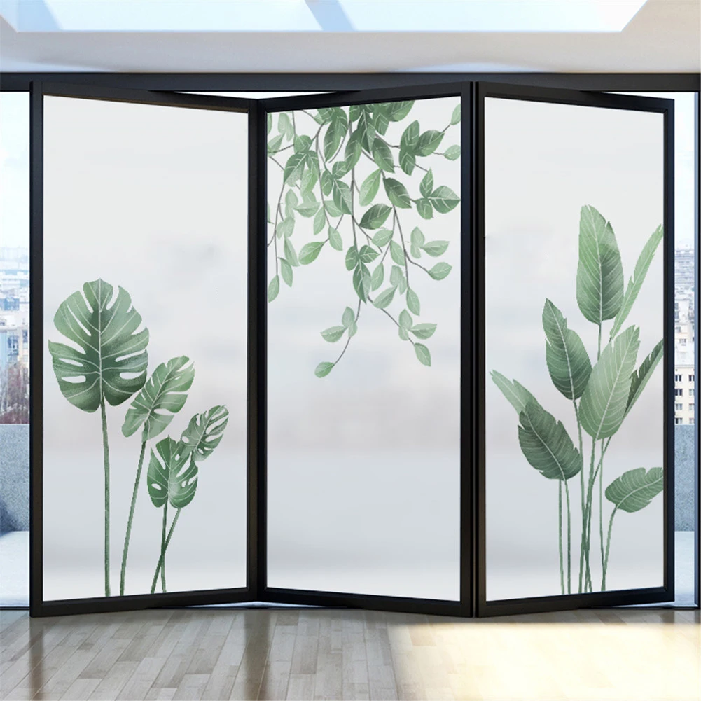 

Privacy Windows Film Decorative Green Leaves Stained Glass Window Stickers No Glue Static Cling Frosted Windows Film for Home