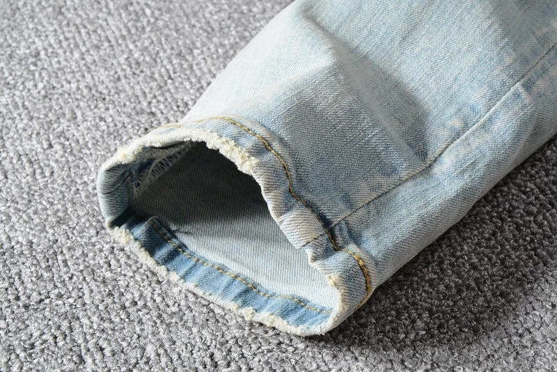 Mens Light Blue Ripped Streetwear Hip Hop Fashion Skinny Damaged Patched Holes Slim Fit Stretch Distressed Destroyed Denim Jeans
