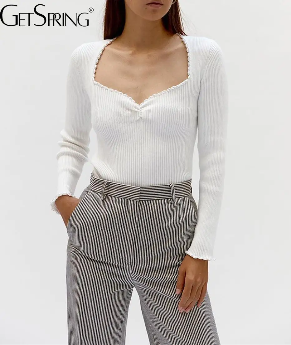 

GetSpring Women Knitted T Shirt 2022 Spring Autumn Pearl Decoration Long Sleeve Sexy Square Neck Elastic Bottomed Top Black New
