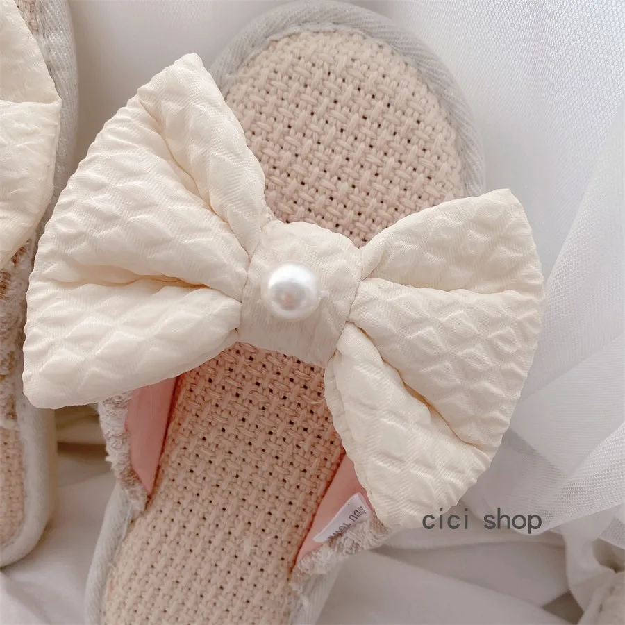 Cute Girly Bow-knot Slippers Flax Sandals Home Indoor Non-slip Women Girl Slippers Pink Blue Breathable Sweaty Spring Summer images - 6