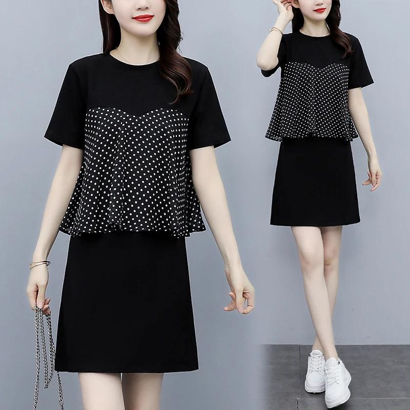 

Женская блузка в горошек в стиле пэчворк, тонкая Повседневная Свободная блузка для женщин, Черное мини-платье А-силуэта с коротким рукавом, ...