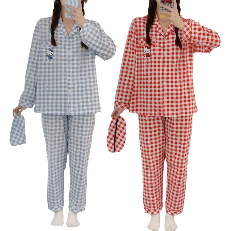

Японская Пижама Kawaii Hello Kitty с героями мультфильмов, женские весенне-осенние клетчатые хлопковые брюки с длинным рукавом, домашний сервис для...