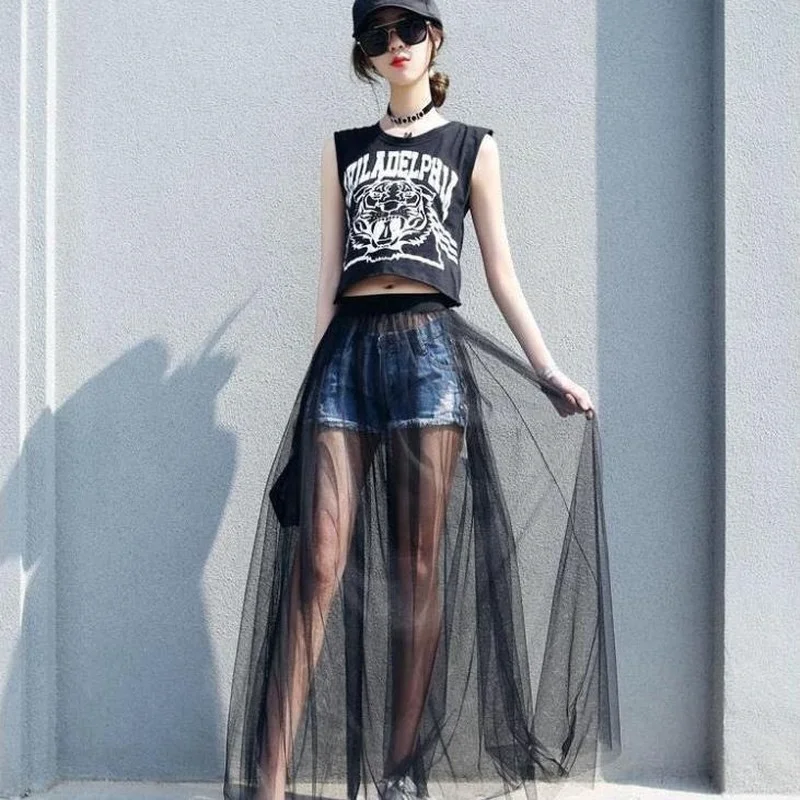 

Юбка женская шифоновая, сетчатая, черная, прозрачная, летняя