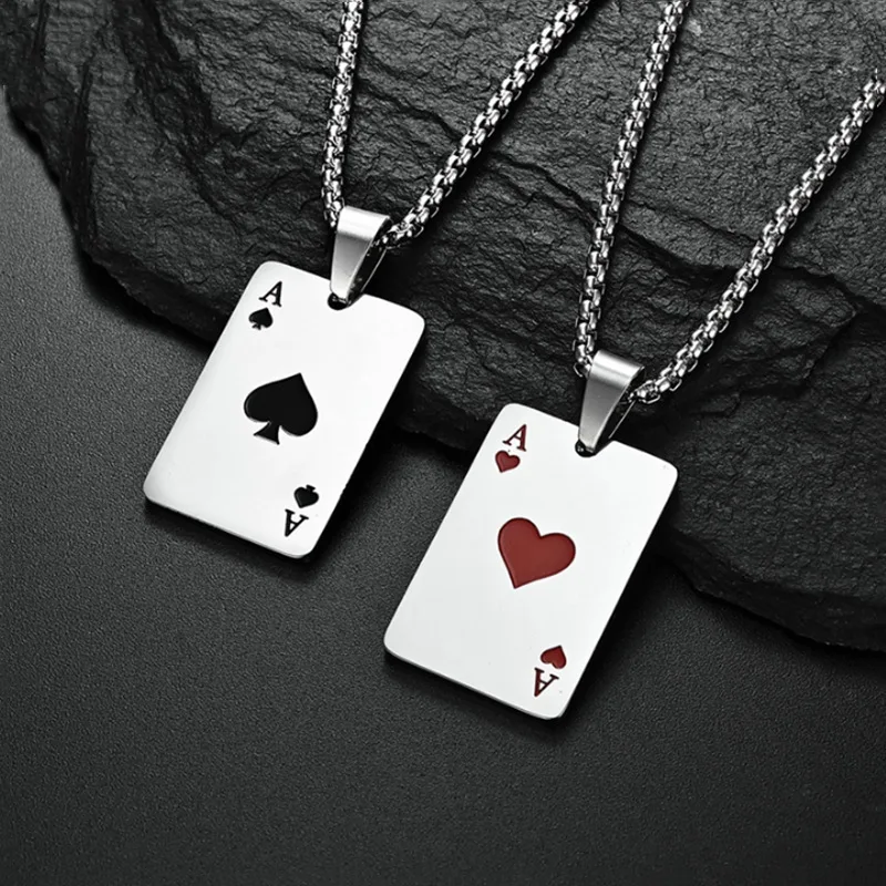 

Men Poker Lucky Ace of Spades Pendant Necklace Hip Hop Personality Ace of Hearts Playing Card Long Chain Necklace Jewelry Gifts