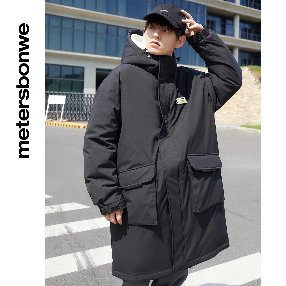 Metersbonwe Parka Down Jacket Men Winter Warm 80% Gray Duck Down Jacket  Hooded Anti-snow Medium Length Cargo Warm Red Down Coat