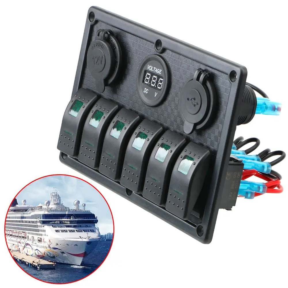 

Accessories Waterproof For Car RV Slot Socket LED Rocker Switch Panel Dual USB Port Digital Voltmeter 6 Gang 12V/24V