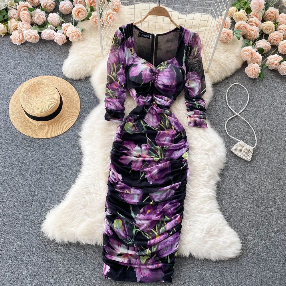 

Spring Women Floral Draped Sheath Long Dress Sexy Square Collar Long Sleeve Zipper High Waist Bodycon Vestidos Female New 2022