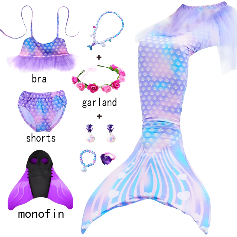 

Girls Swimming Mermaid Tail Costume Cosplay Children Swimsuit Fantasy Beach Bikini Can Add Monofin Fin Halloween
