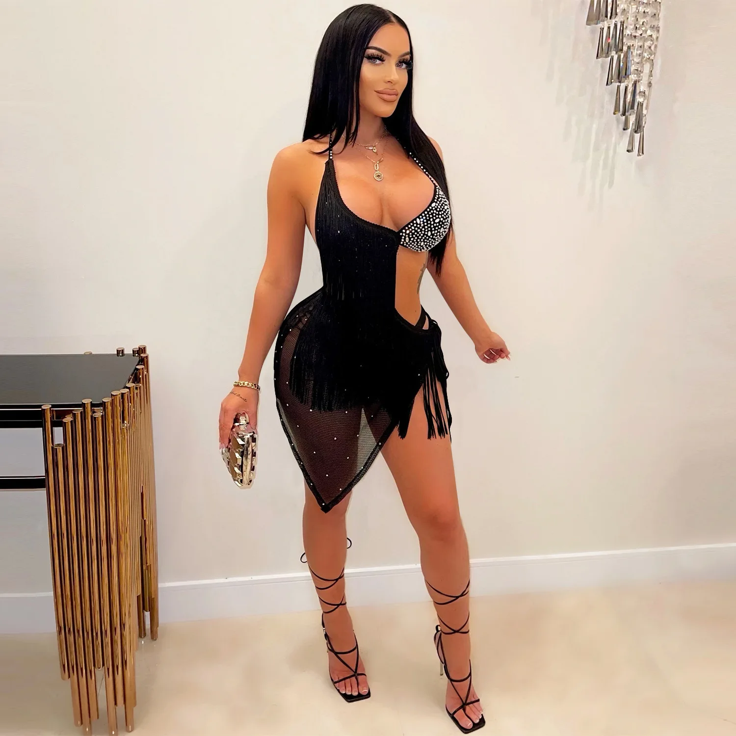 

Women's Swimsuit Sexy Sling Diamond Fringe Dress Strap Backless Sexy Mini Dress Mesh Sheer See Through Mesh Beach Dress 2022 New