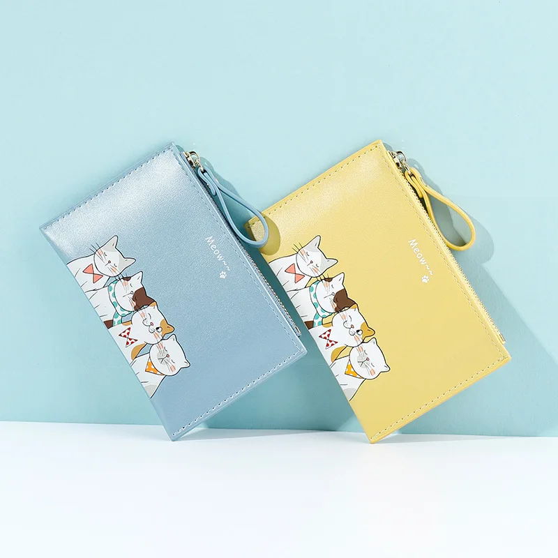 

New Women's Wallet Ultra Thin Leather Purse Bank Card Holder Bag Cute Cartoon Cat Zipper Coin Purse Simple Thin Card Holder