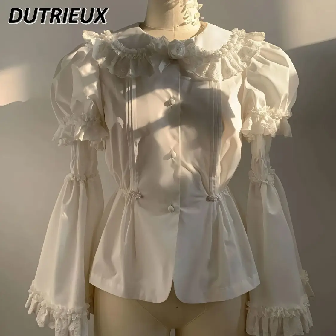 

2023 New Spring Autumn Women's Top Doll Collar Cotton All-Matching Lolita Shirt Fashion Solid Color Blouse Camisas De Mujer