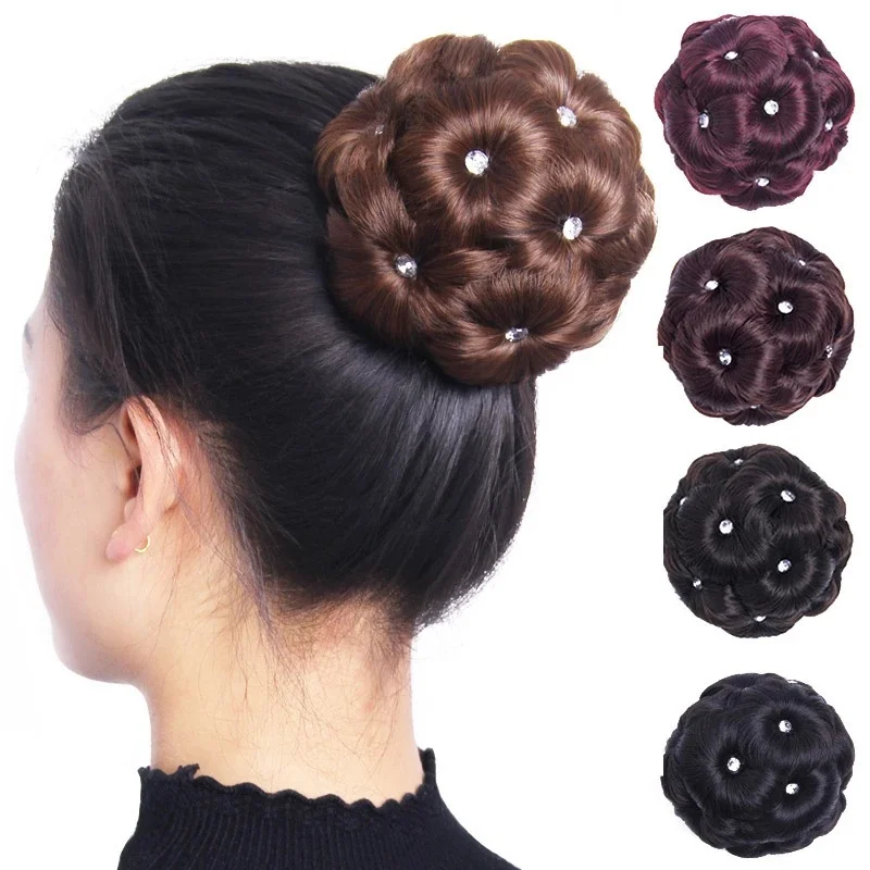 

1 PC Fashion Bun Makeup Curly Hair Ring Bride Headwear Diamond Flowers Female