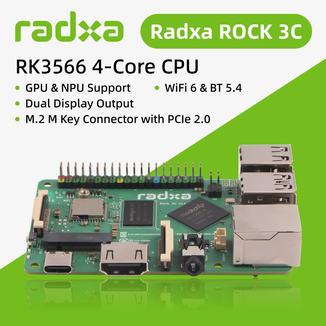 Фото AvaCoreRadxa ROCK 3C RK3566 4-ядерный процессорный SBC-компьютер, GPU, NPU и HDMI с поддержкой вывода 4K, одноплатный компьютер №2
