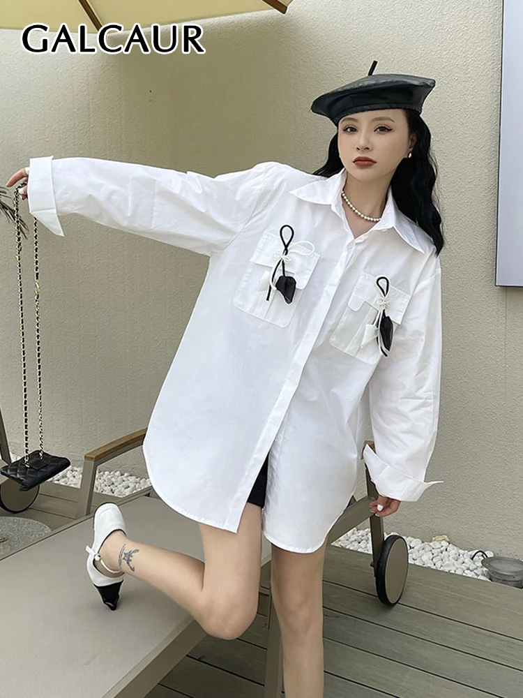 

GALCAUR Hit Color Loose Shirts For Women Lapel Long Sleeve Single Breasted Straight Patchwork Korean Blouse Female Spring 2023