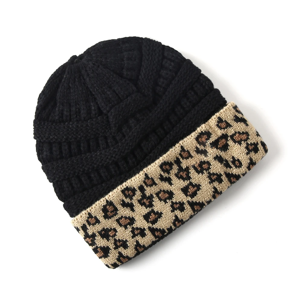 

10 Colors Leopard Beanie Women Stretch Knitted Crochet Beanies Winter Hats For Women Warm Lady Messy