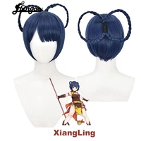 ebingoo synthetic wig genshin impact xiangling cosplay wigs dark blue short braided hair wigs heat resistant fiber hair wigs