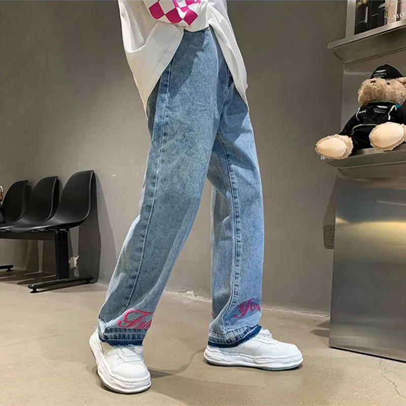 Streetwear Gothic Lettering Embroidery Jeans For Men Y2k Straight Pants Fashion Baggy Jeans Women's Jeans 2023 Trend Trousers