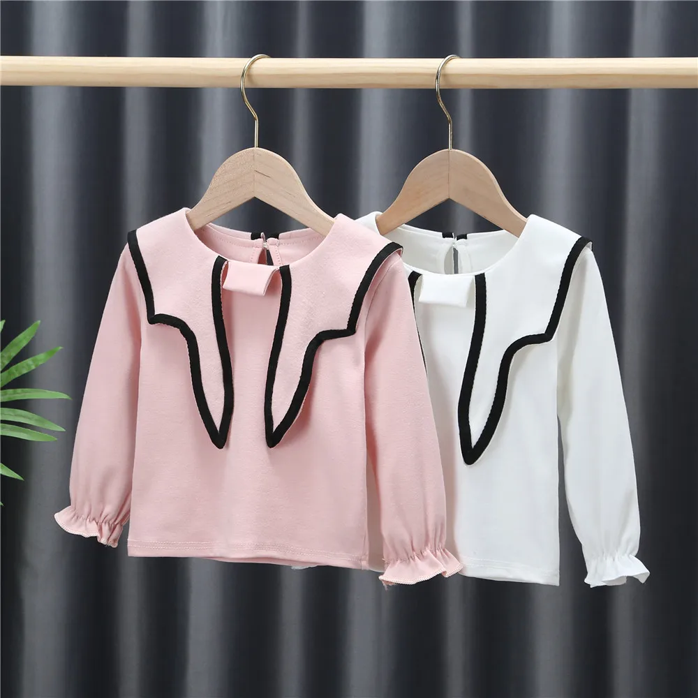 

Baby Girls Novelty Long Sleeve T-shirt Spring Autumn 2022 Children Wear New Cotton Bowknot Collar Bottomed Tops
