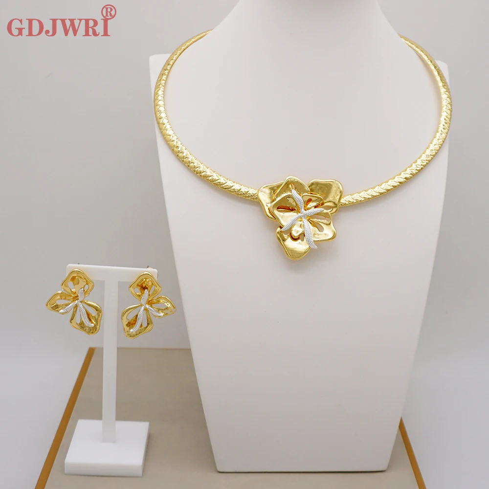 

2022 Unique Jewelry 24K Dubai Gold Jewelry Sets For Women Romantic Necklace Earrings Wedding Bridal Gift Party Jewellery Set