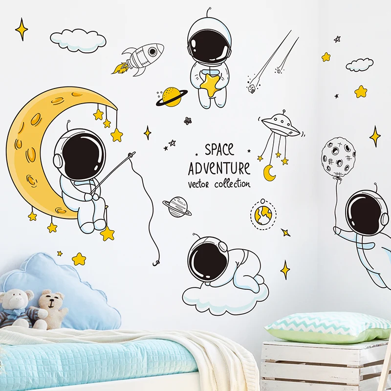 

[SHIJUEHEZI] Cartoon Astronaut Wall Stickers DIY Outer Space Mural Decals for Kids Rooms Baby Bedroom Wardrobe House Decoration