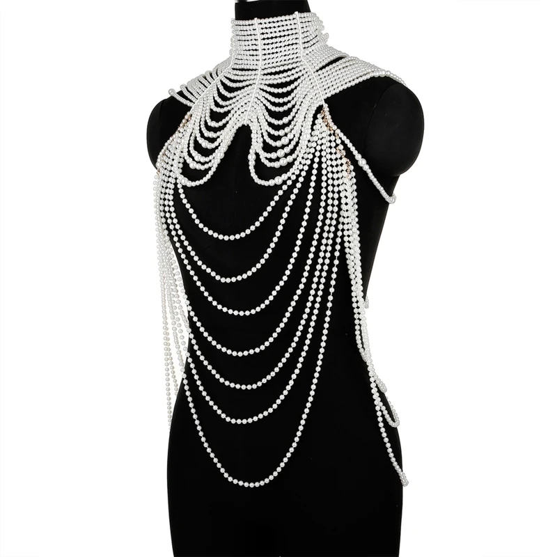 

449B Women Multi Layered Simulated Pearl Bib Necklace Collar Beaded Tassel Faux Leather Shoulder Chain Bra Top Body Jewelry for