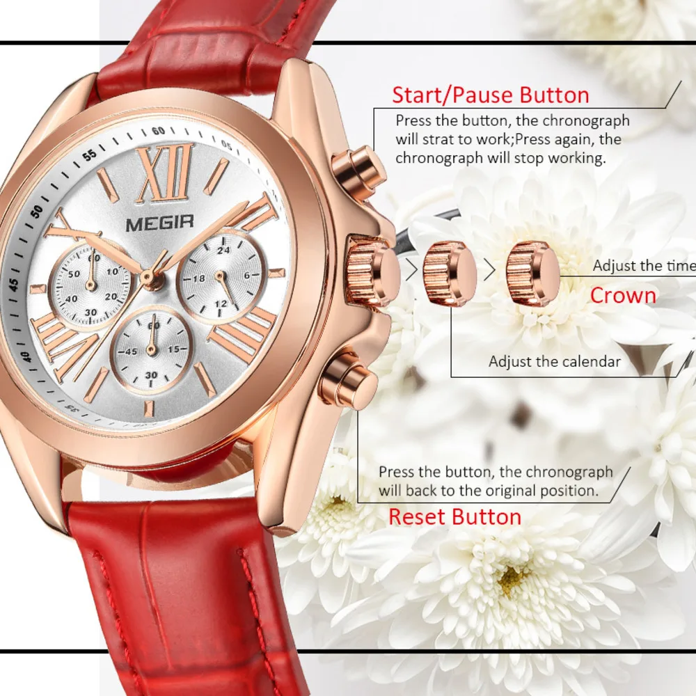 Часы MEGIR женские наручные с кожаным ремешком брендовые водонепроницаемые