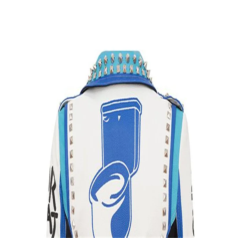 Women's leather coat graffiti print jackets rivet contrast color motorcycle clothing spring autumn куртки весенние женские куртк