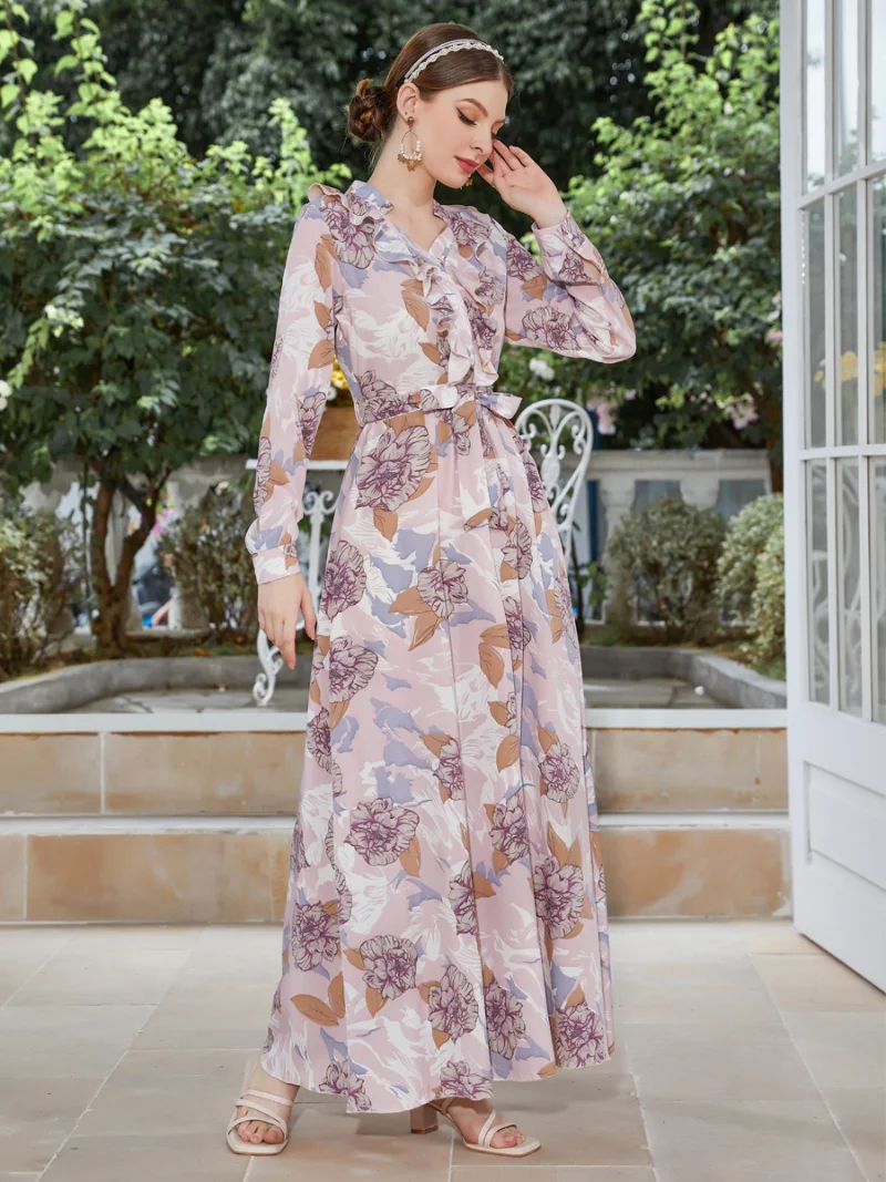 Muslim Party Dress Women Abaya Eid Floral Print Ramadan Lace-up Dresses Long Sleeve Arab Dubai Robe Moroccan Woman 2023