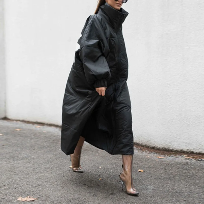 Winter Fashion Commuter Letter Print Long Loose Black Cotton Coat Women Winter Jacket Women