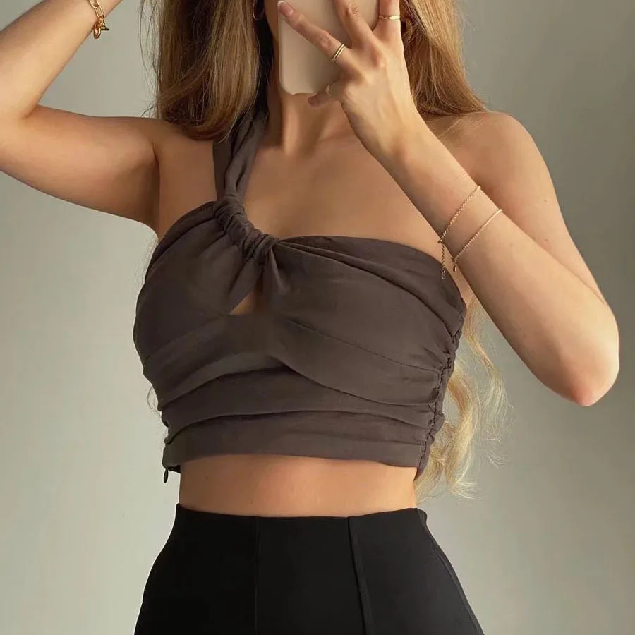 

tank top women sexy blouse womens tops Hollow Out Linen Short Camis Solid backless shirring sexy streetwear top