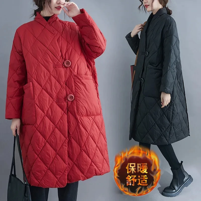

Autumn Women Down Cotton Coat Midle Length Solid Stand Collar Casual Outerwear Jacket with Pockets Female Winter Warm Overcoat