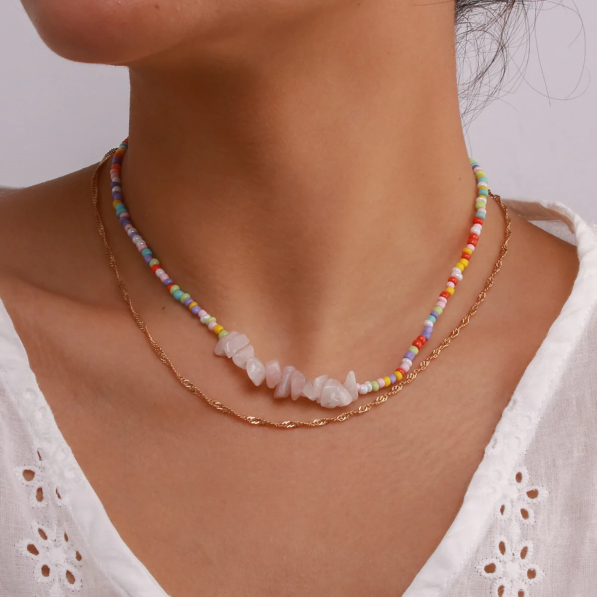 

Women Jewelry Bohemia Seed Beaded Natural Stone Short Choker Necklace Popular Irregualr Beads Necklace For Women Collar Gifts