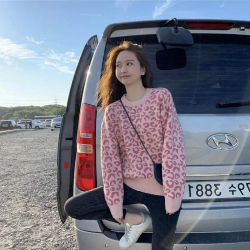 Женские пуловеры с леопардовым принтом в стиле преппи винтажном Харадзюку