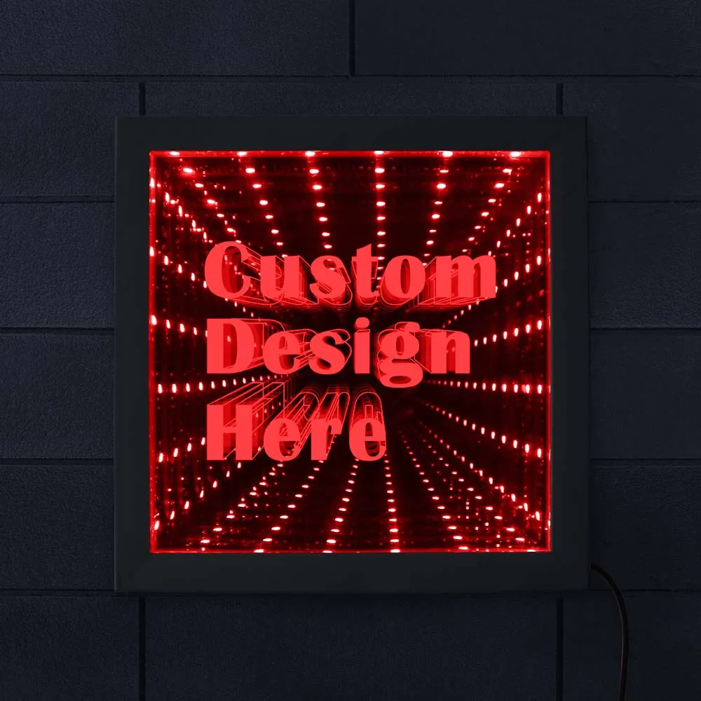 Custom Image Logo Text LED Infinity Mirror Wood Frame Personalised LED Picture Frame Cool Infinite Led Tunnel Lamp Neon Sign