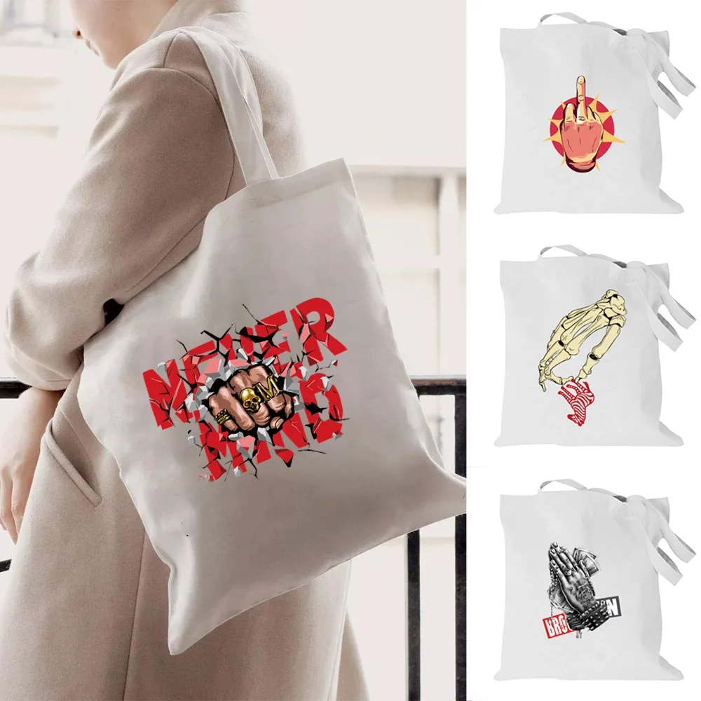 

Women Canvas Shopper Bag Foldable Handbag Reusable Tote Bag Hand Pattern Large Capacity Ladies Shopping Organizer Shoulder Bags