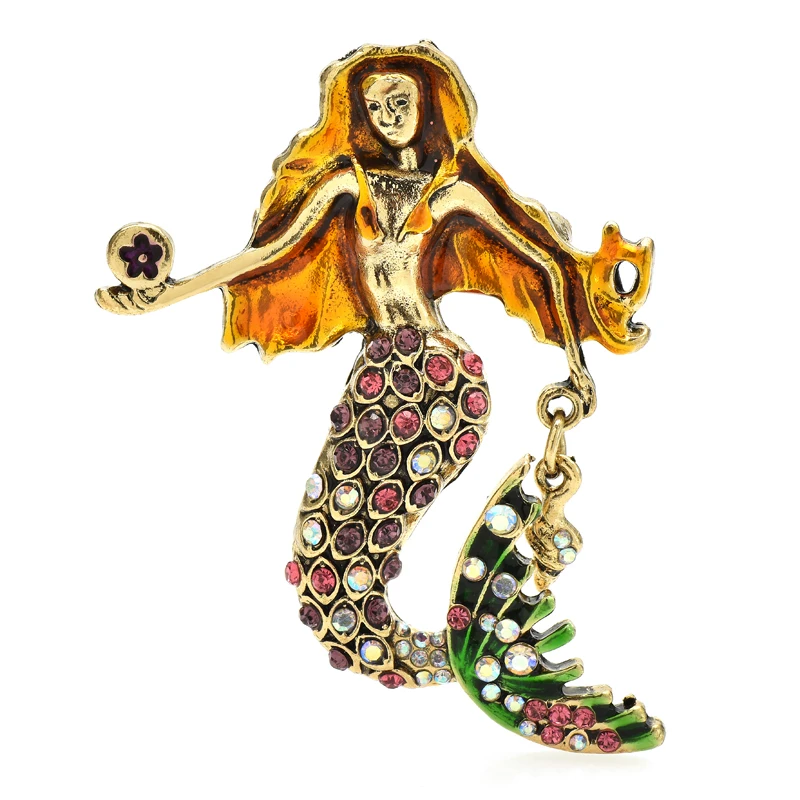 

Wuli&baby Taking Cell Mermaid Brooches For Women Rhinestone Enamel Fish Elf Figure Party Casual Brooch Pins Gifts