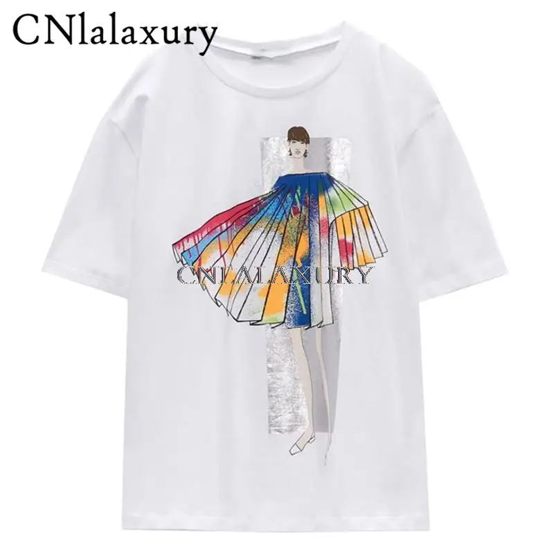 

CNlalaxury 2022 Women Print White Cotton T Shirt for Summer Short Sleeve O Neck Tees Ladies Casual Tee Shirt Tops
