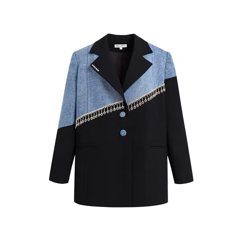LXUNYI Runway Blazer Jacket Women 2023 Spring Diamond Patchwork Tassls Bling Denim Blazers and Coats Female High Sreetwear