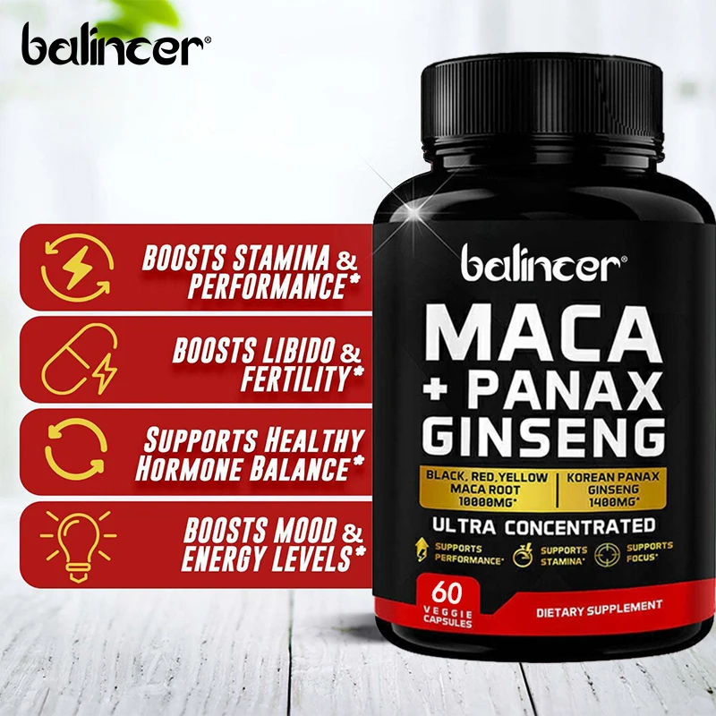 

Maca Root + Ginseng Herbal Concentrate Extract Supplement Ginseng Capsules - Ultra Potent & Highly Purified Energy, Mood,Unisex